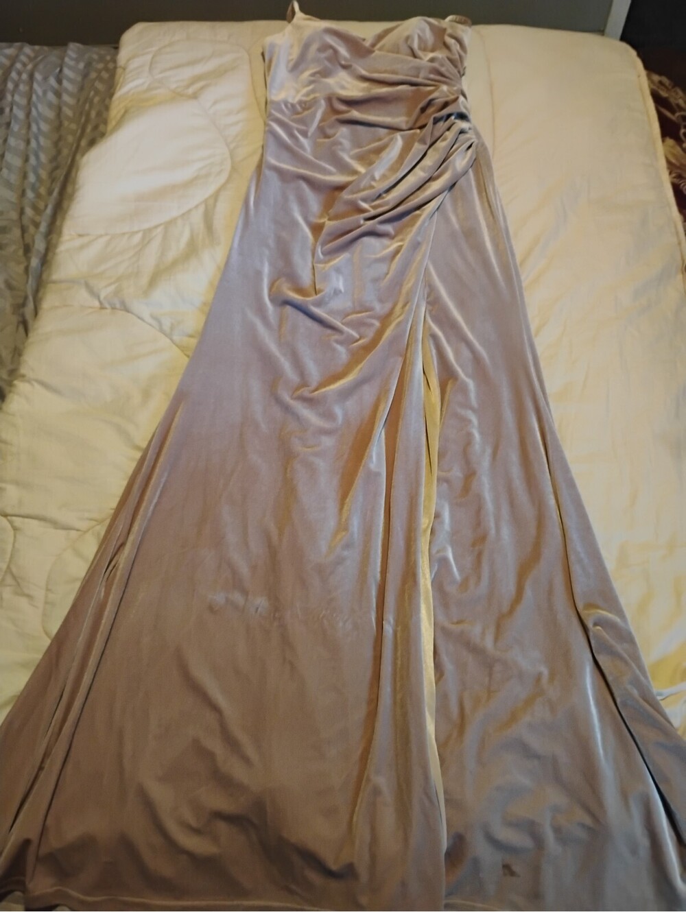 Elegant Beige Velvet Evening Gown with Side Slit